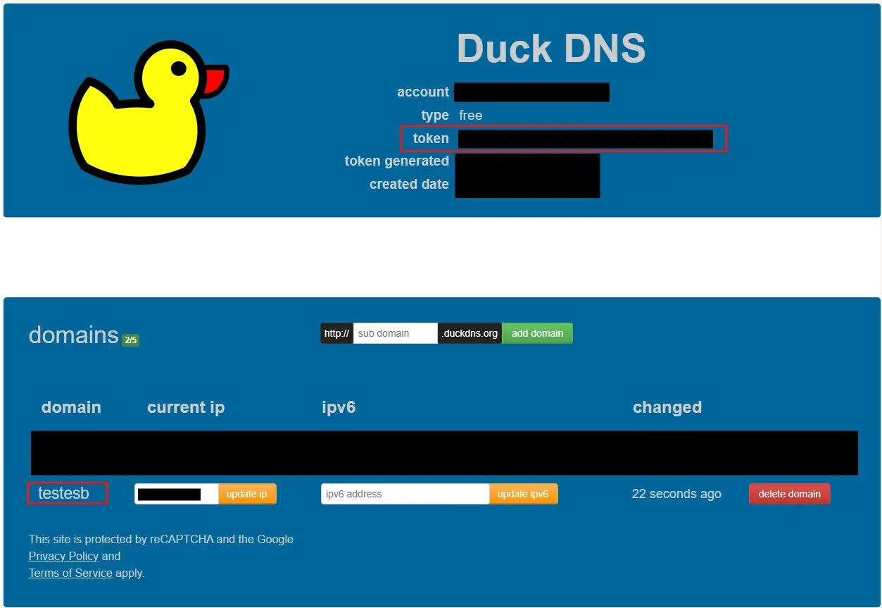 Illustration de duck dns pour trouver le domaine et le token