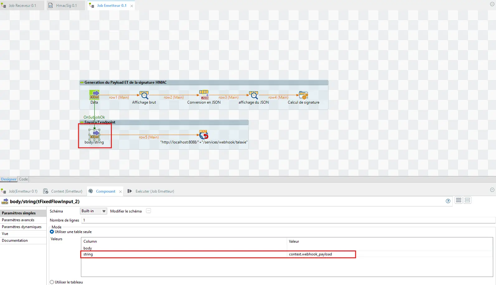 tFixedFlowInput - Envoi du body au tRestClient
