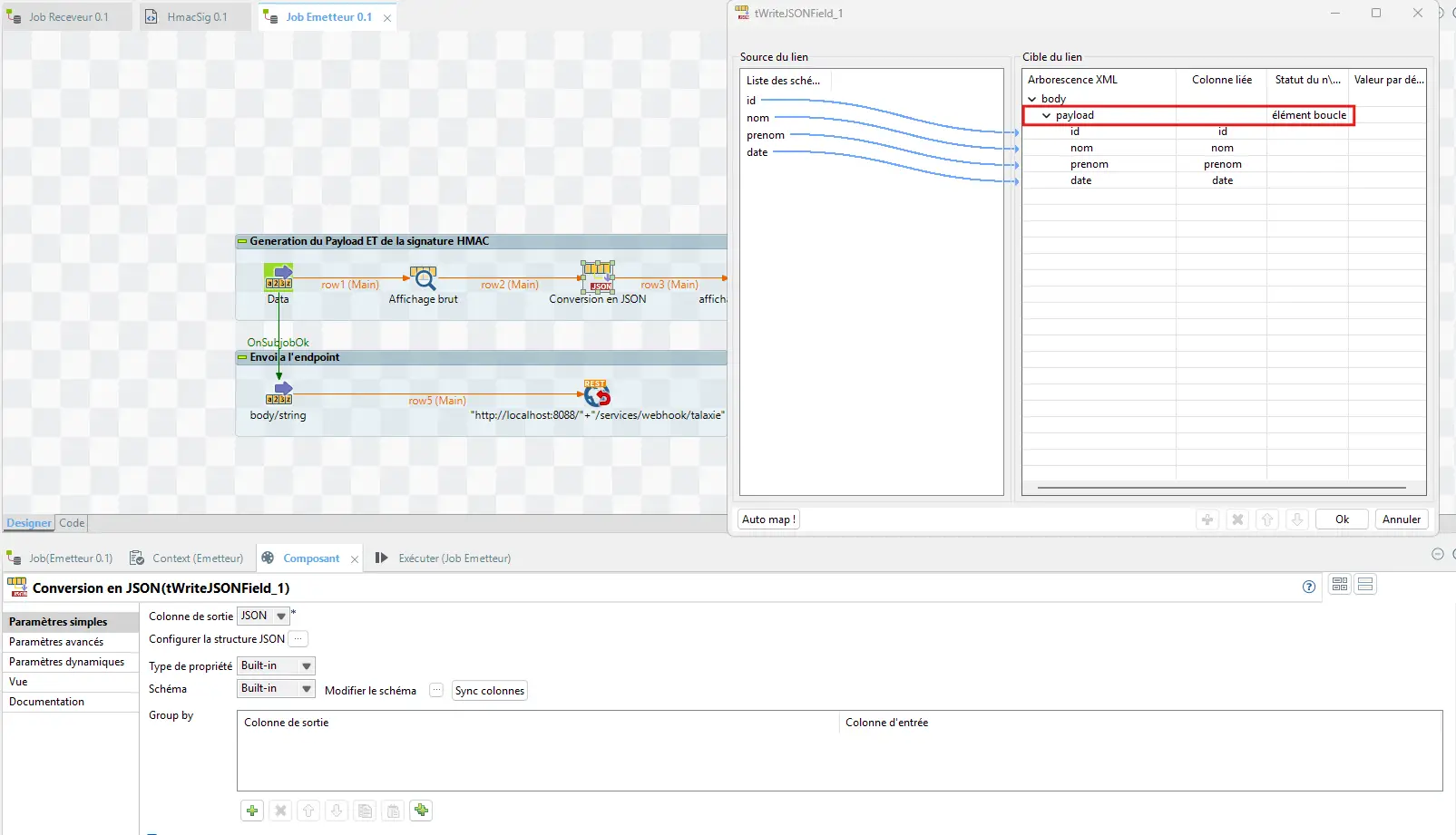 tWriteJSONFields - Création du JSON