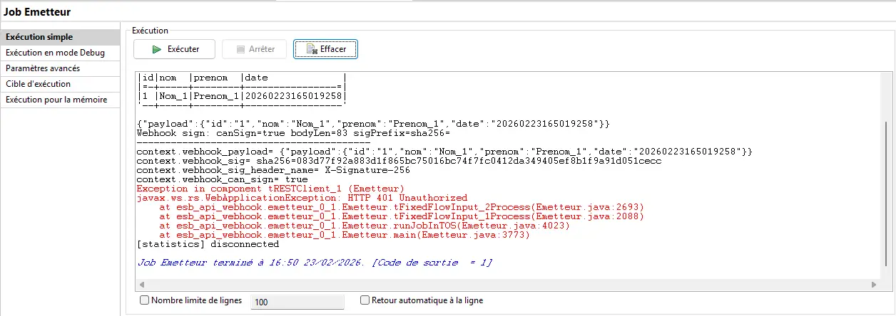 test 2 - Secret incorrect : Emetteur - 401