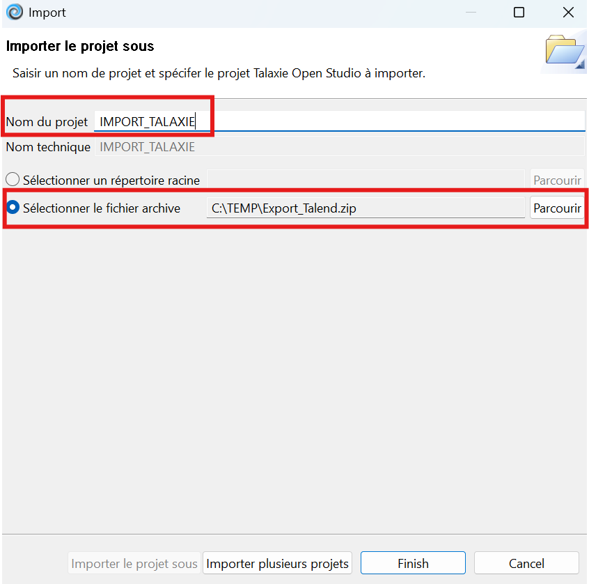 Nommer le projet dans Talaxie