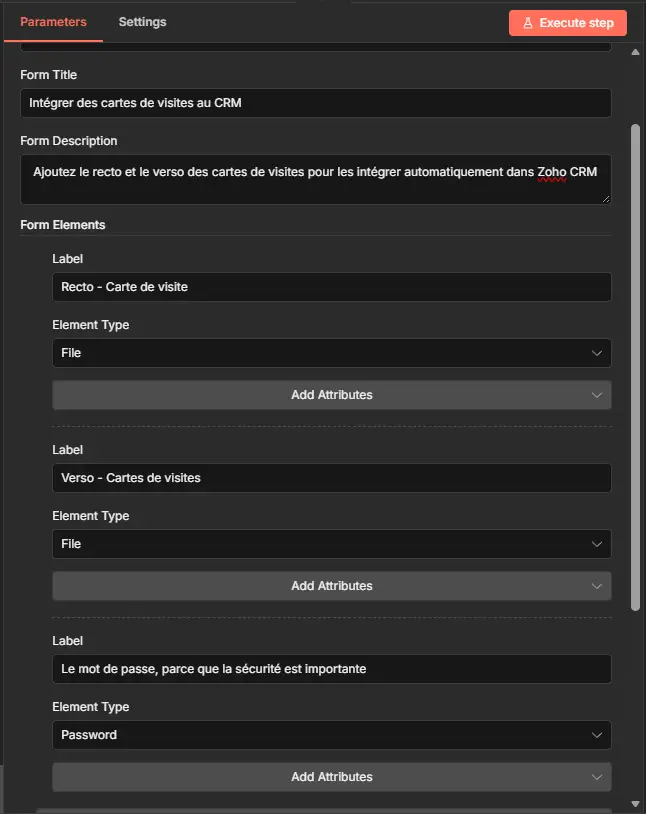 Configuration des champs du nœud On form submission dans n8n