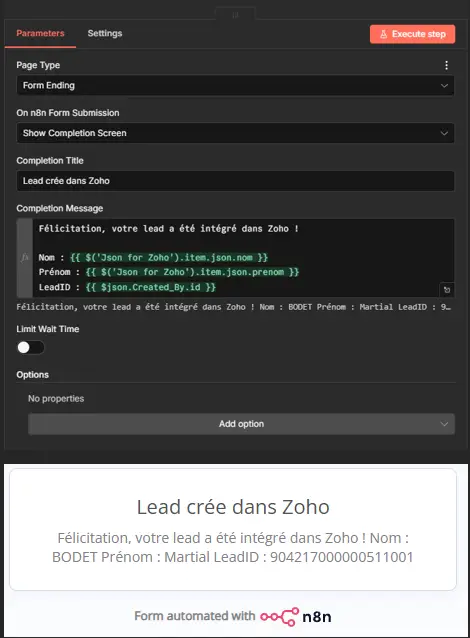 Écran de confirmation affiché après la création du prospect