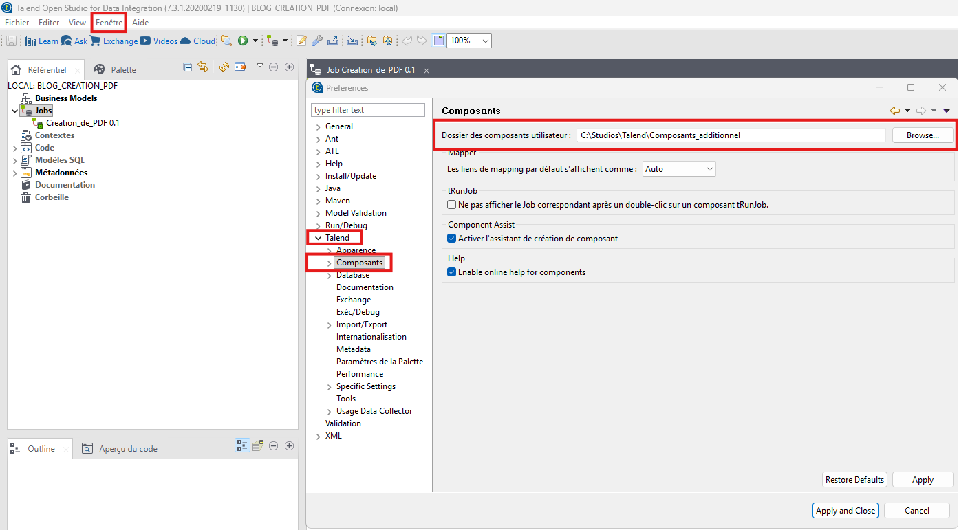 Configuration du dossier des composants utilisateur dans Talend