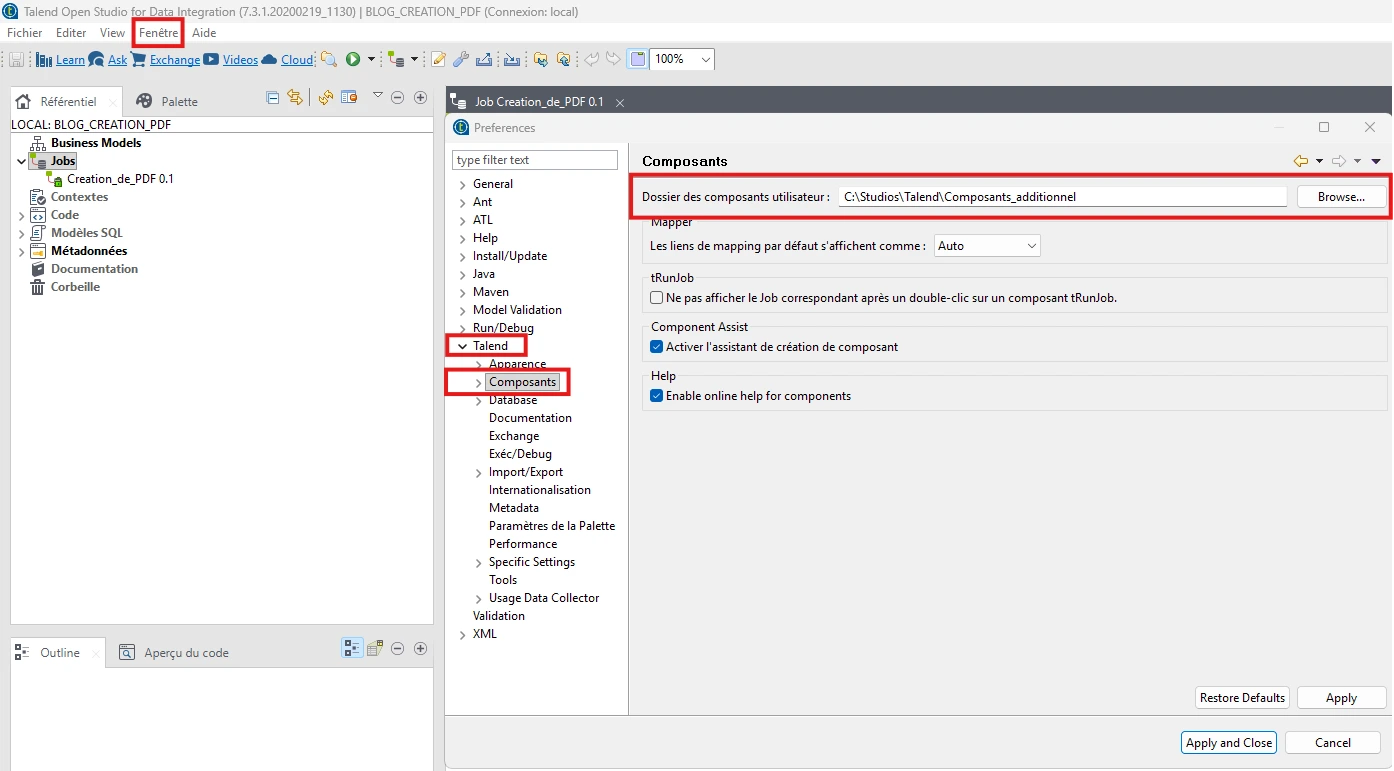 Configuration du dossier des composants utilisateur dans Talend
