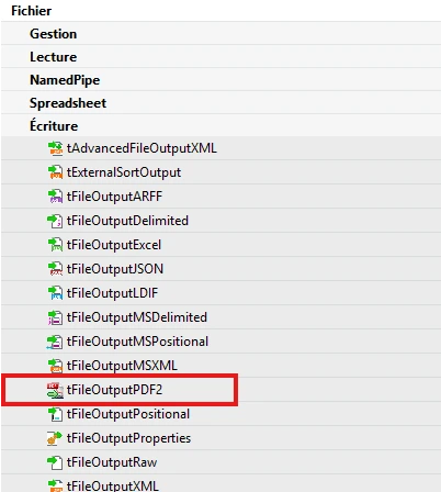 Palette Talend affichant le composant tFileOutputPDF2