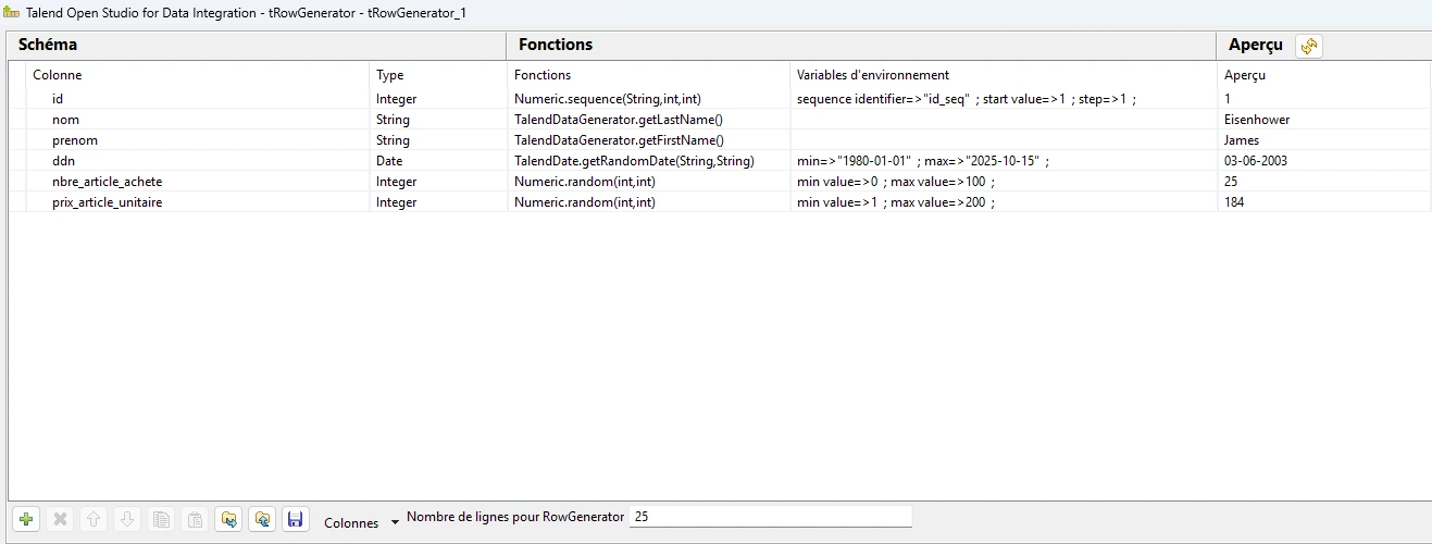 Configuration du composant tRowGenerator pour générer des données de test