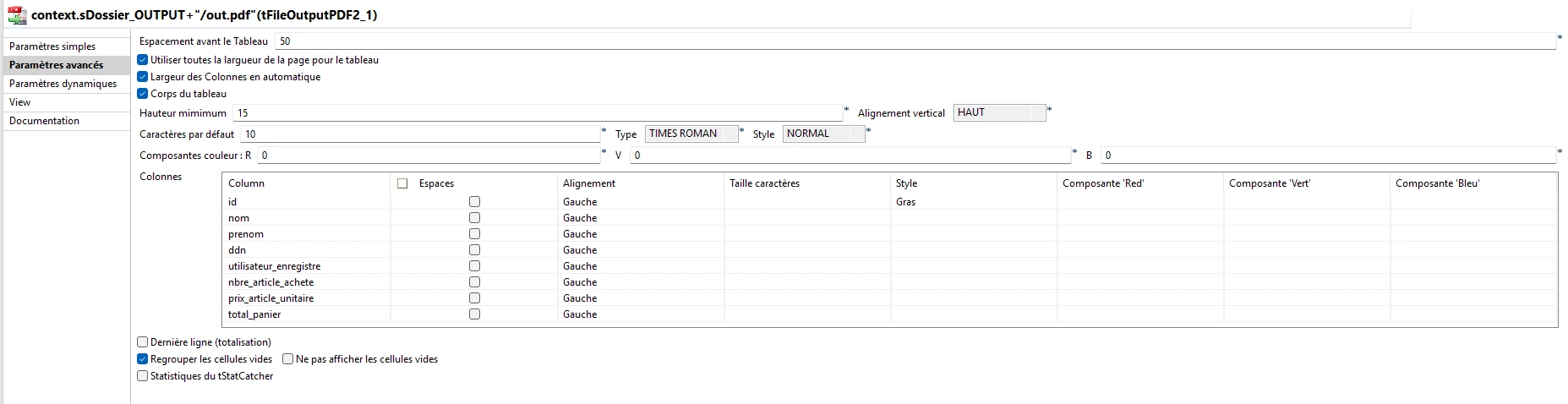 Configuration avancée du composant tFileOutputPDF2