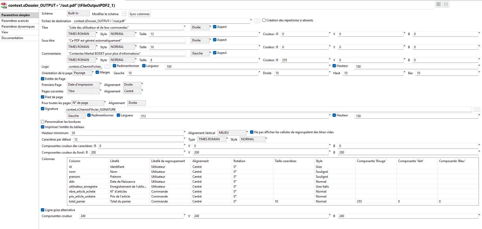Exemple de configuration basique du tFileOutputPDF2