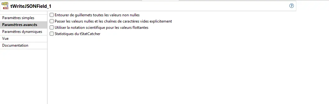 Advanced settings du composant tWriteJSONField