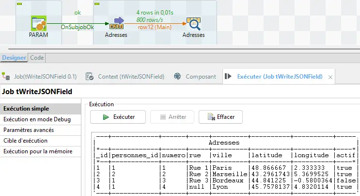 Exécution du job avec Adresses